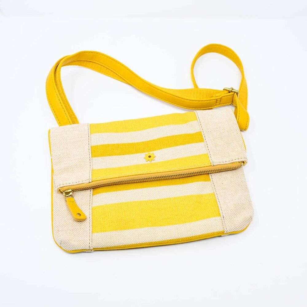 Fossil foldover crossbody messenger bag purse tweed yellow stripes‎ pocketbook
